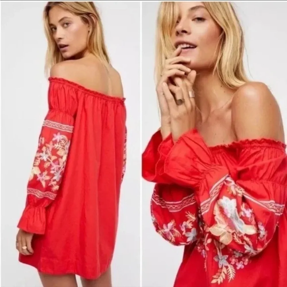 Free People Fleur Du Jour Embroidered Floral‎ Tunic Shift Mini Dress Boho XS/TP